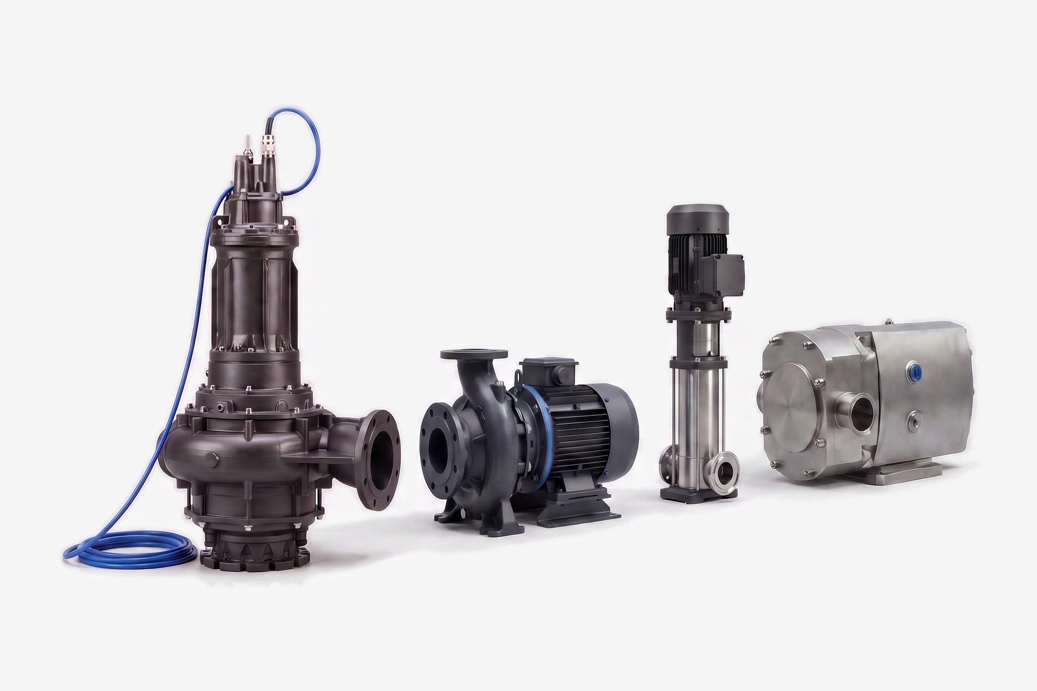 Four industrial pumps lined up on a plain studio ground — a submersible sewage pump, an end-suction centrifugal, a vertical multistage and a stainless rotary lobe pump