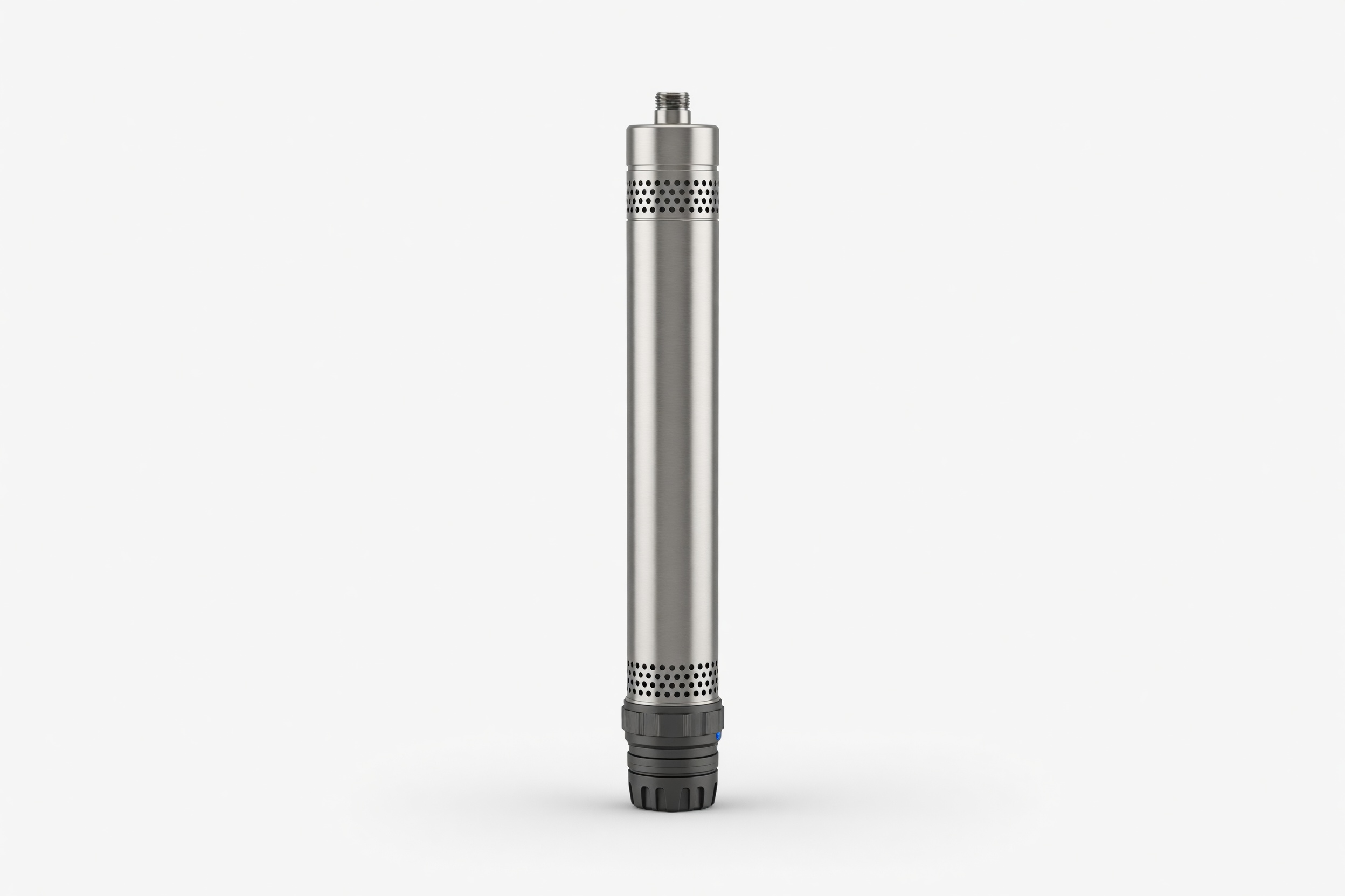 A slim stainless steel multistage borehole pump on a pale studio ground