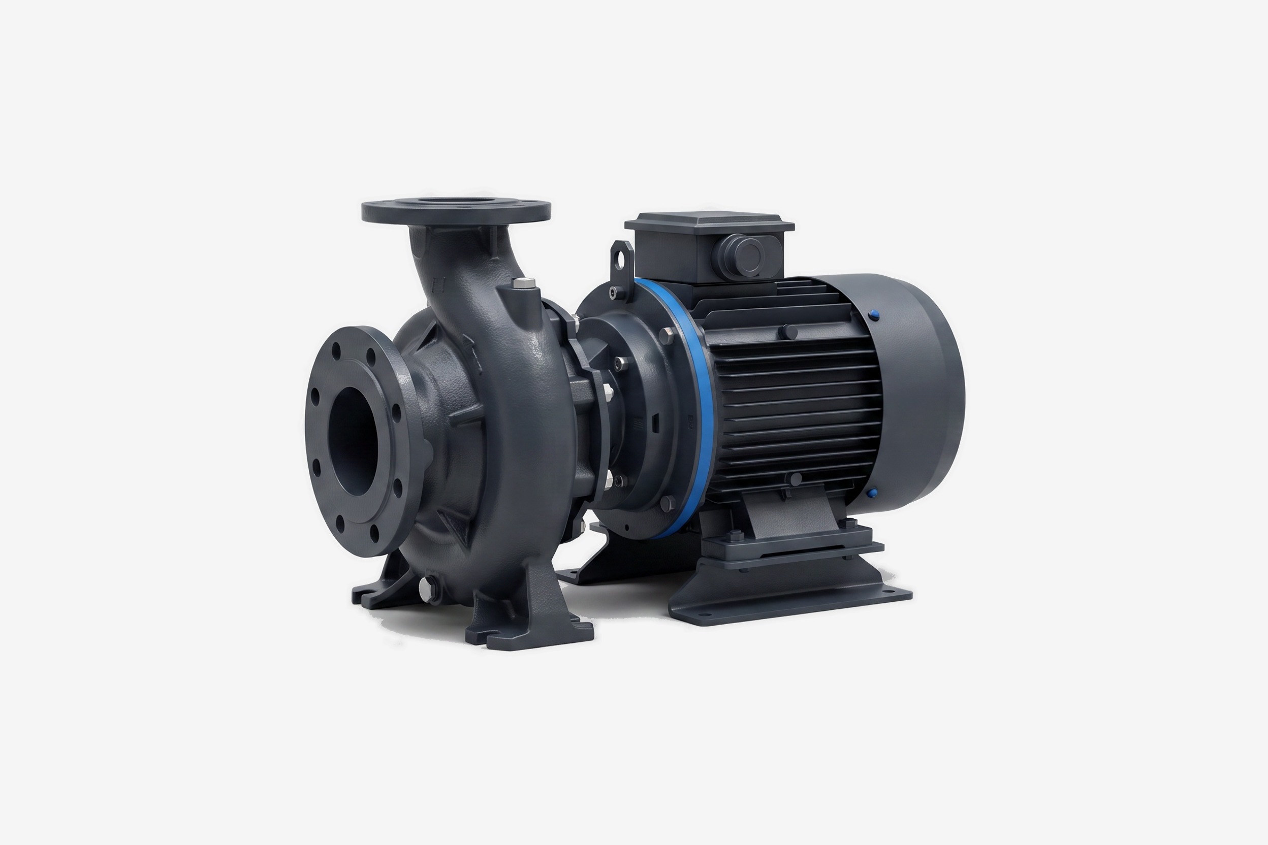 An end-suction centrifugal pump coupled to its motor on a steel baseplate