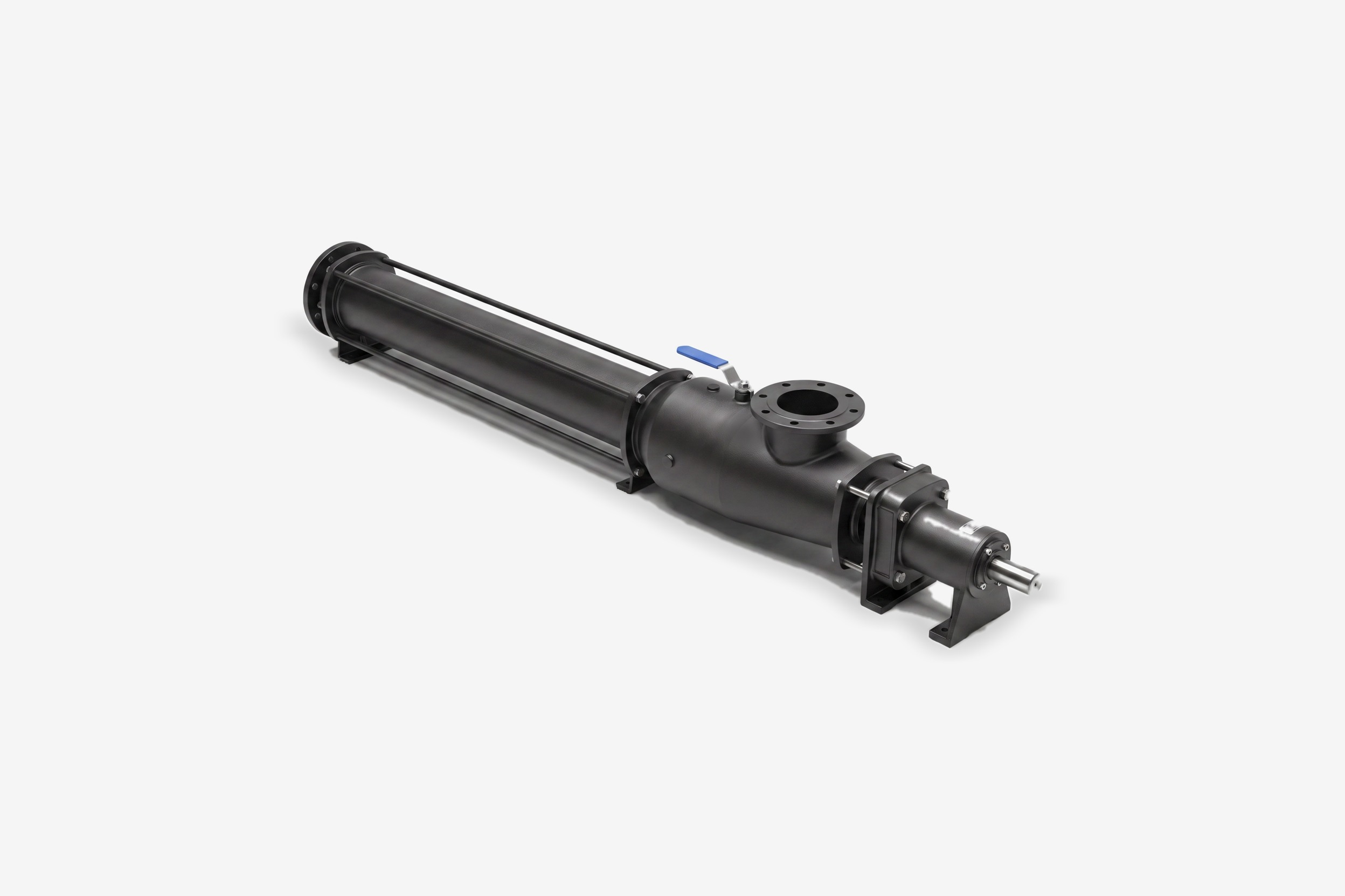 A complete progressive cavity pump with drive, baseplate and flanged ports on a clean studio ground