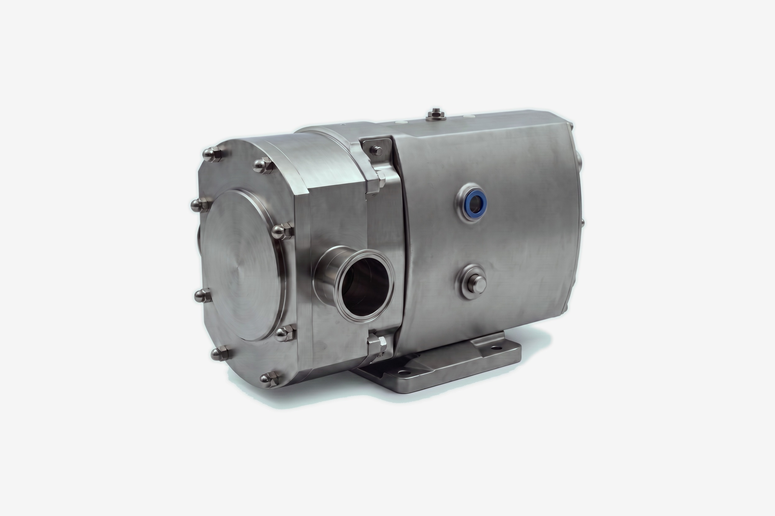 A complete stainless steel rotary lobe pump on a clean studio ground