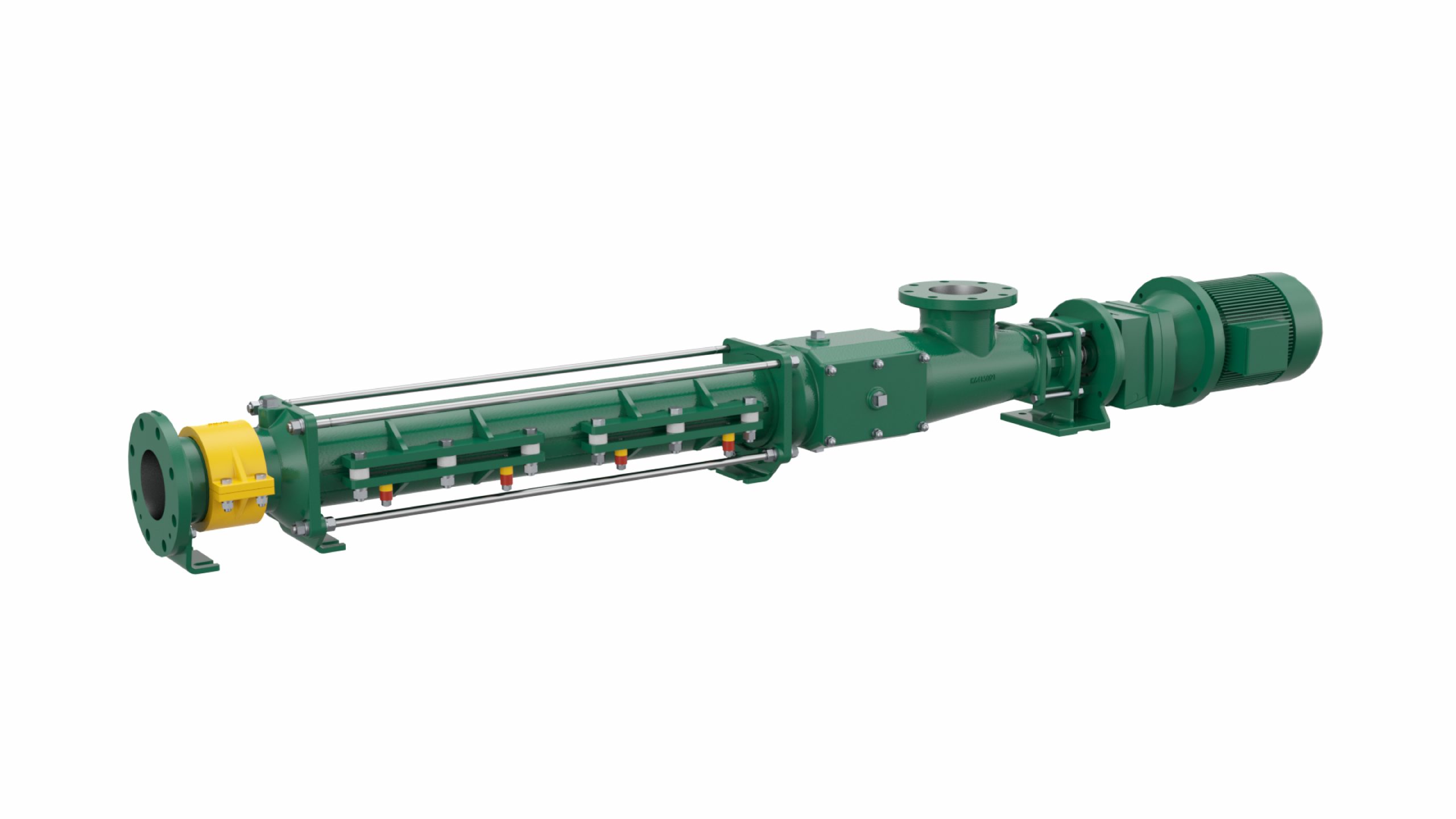 Roto RL series extended-geometry progressive cavity pump, close-coupled to a geared motor and fitted with Roto's wear compensation stator