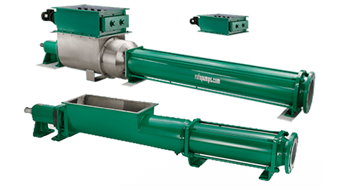 Roto wide throat progressive cavity pumps, one with a covered hopper and one with an open hopper inlet