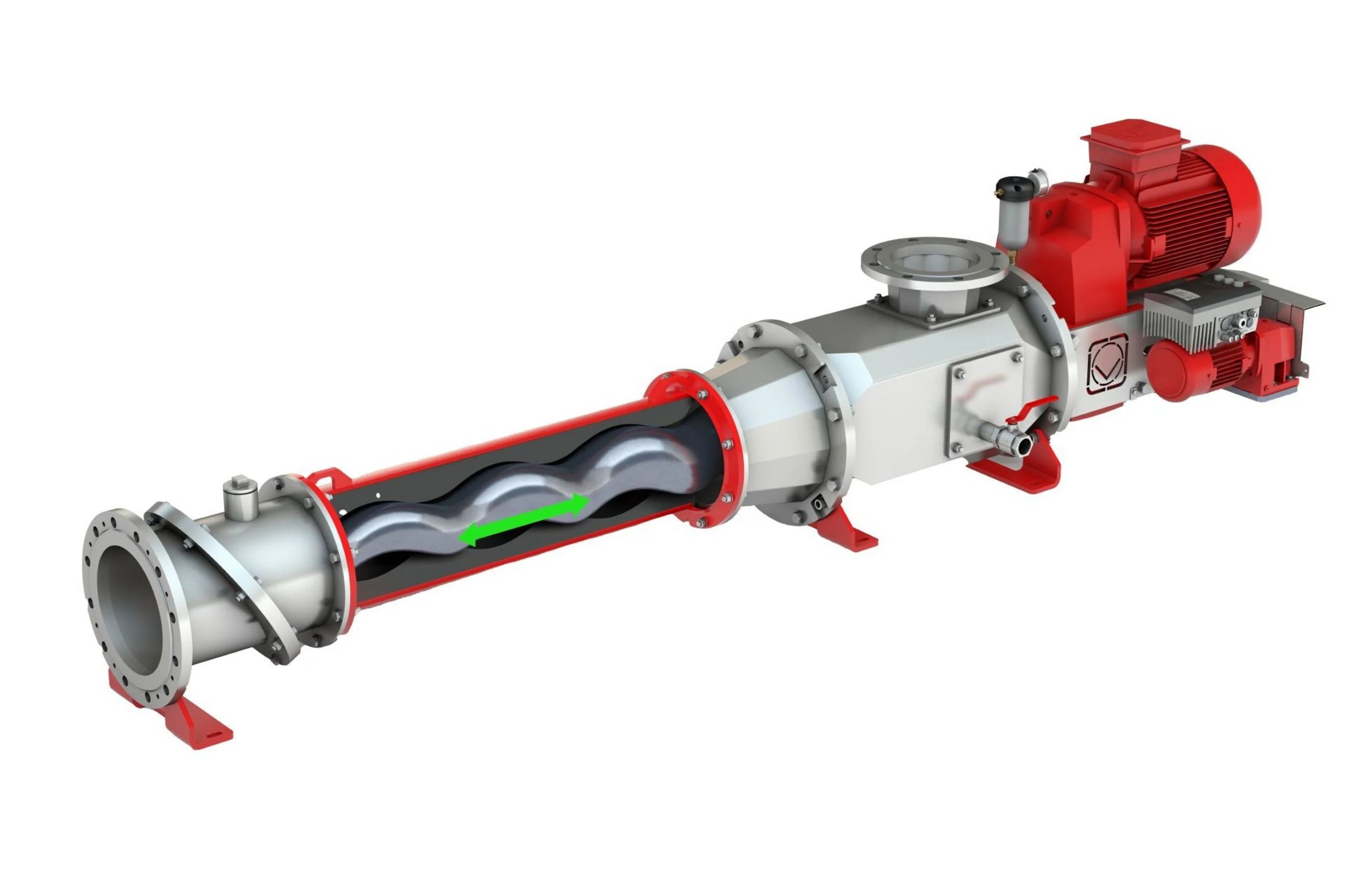 Cutaway of the Vogelsang HiCone progressive cavity pump showing the conical rotor and stator with the axial adjustment direction