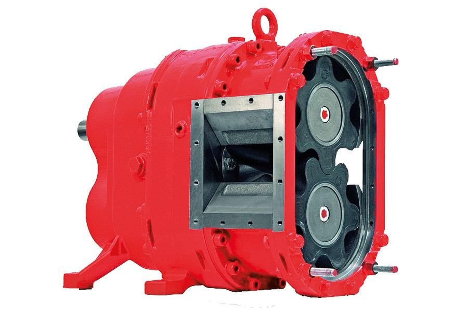 Vogelsang VX100 rotary lobe pump with the cover removed, showing the four-wing lobes and pump chamber