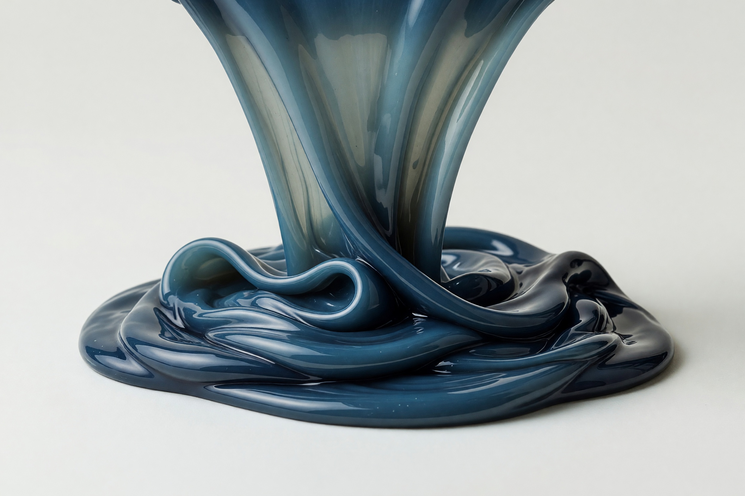 A thick, glossy ribbon of viscous blue fluid pouring and coiling on a clean studio ground