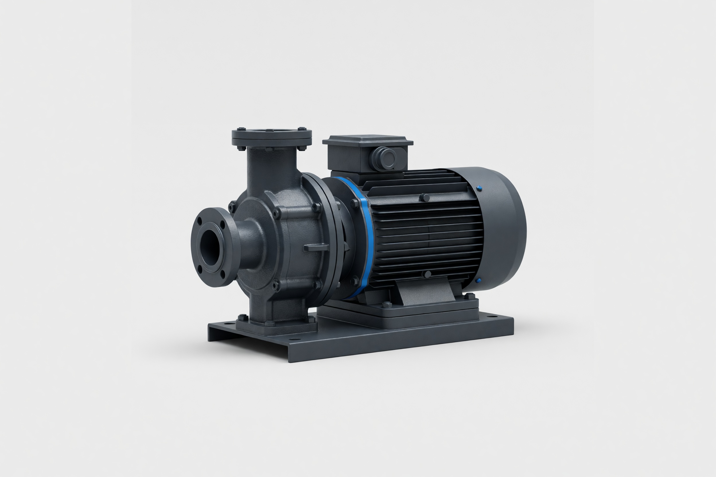 An end-suction centrifugal pump coupled to its motor on a steel baseplate