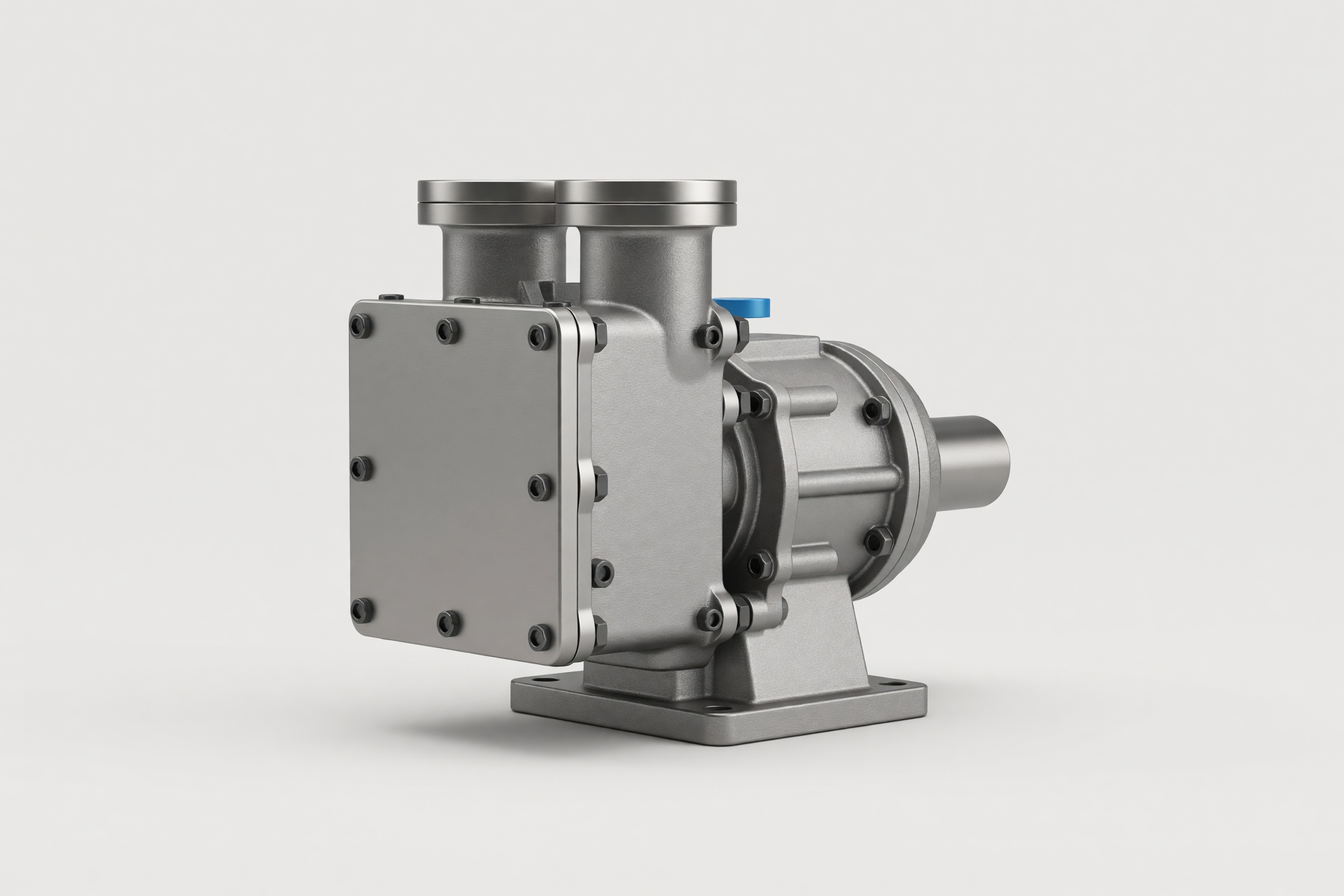 A complete stainless steel rotary lobe pump on a clean studio ground