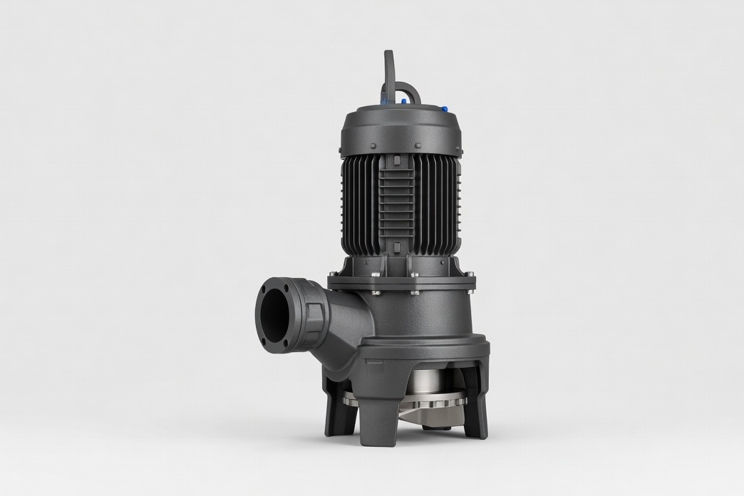 A submersible sewage grinder pump, shown complete with its discharge connection and cutting head