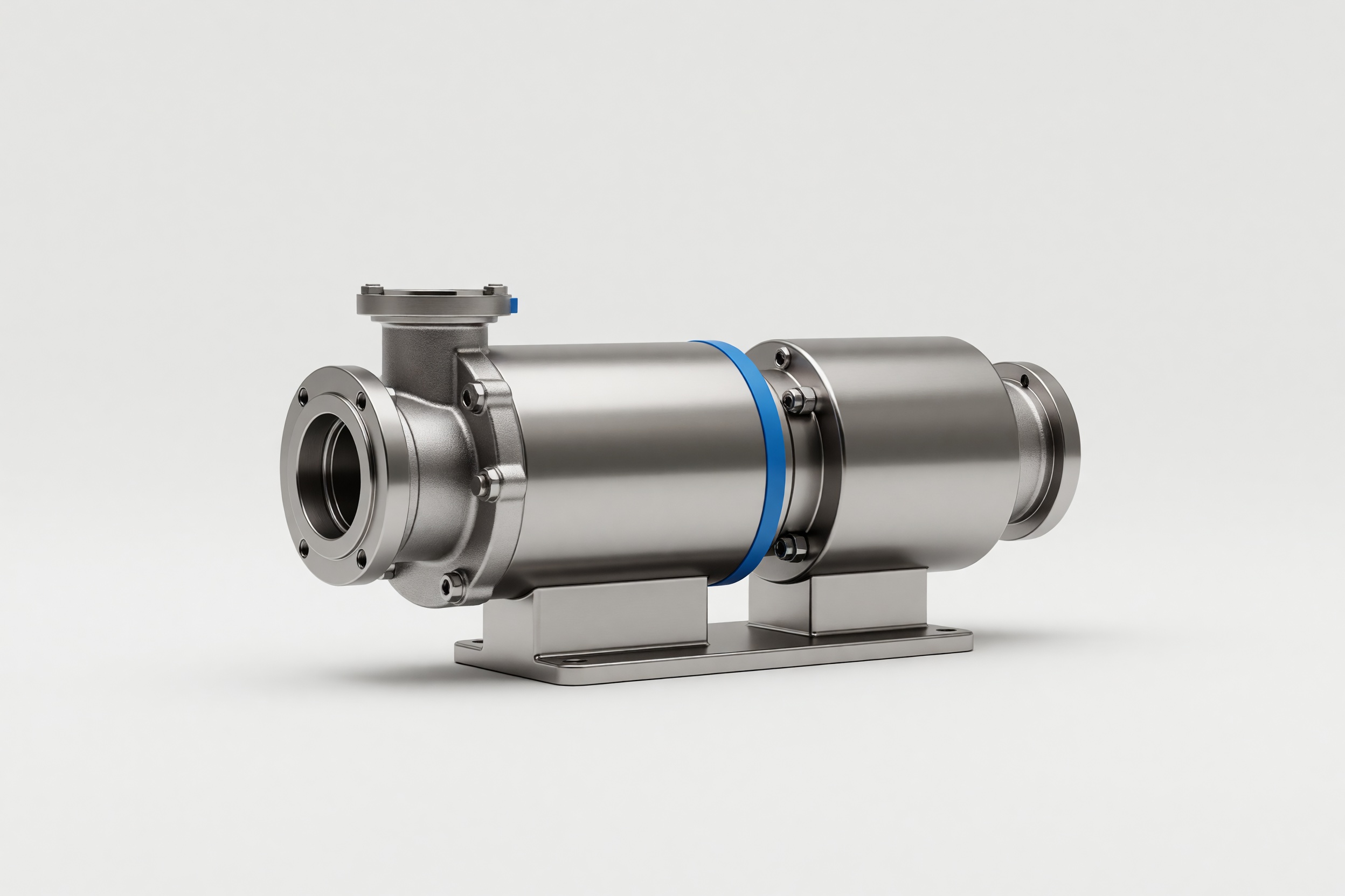 A polished stainless steel hygienic pump with sanitary clamp connections on a clean ground