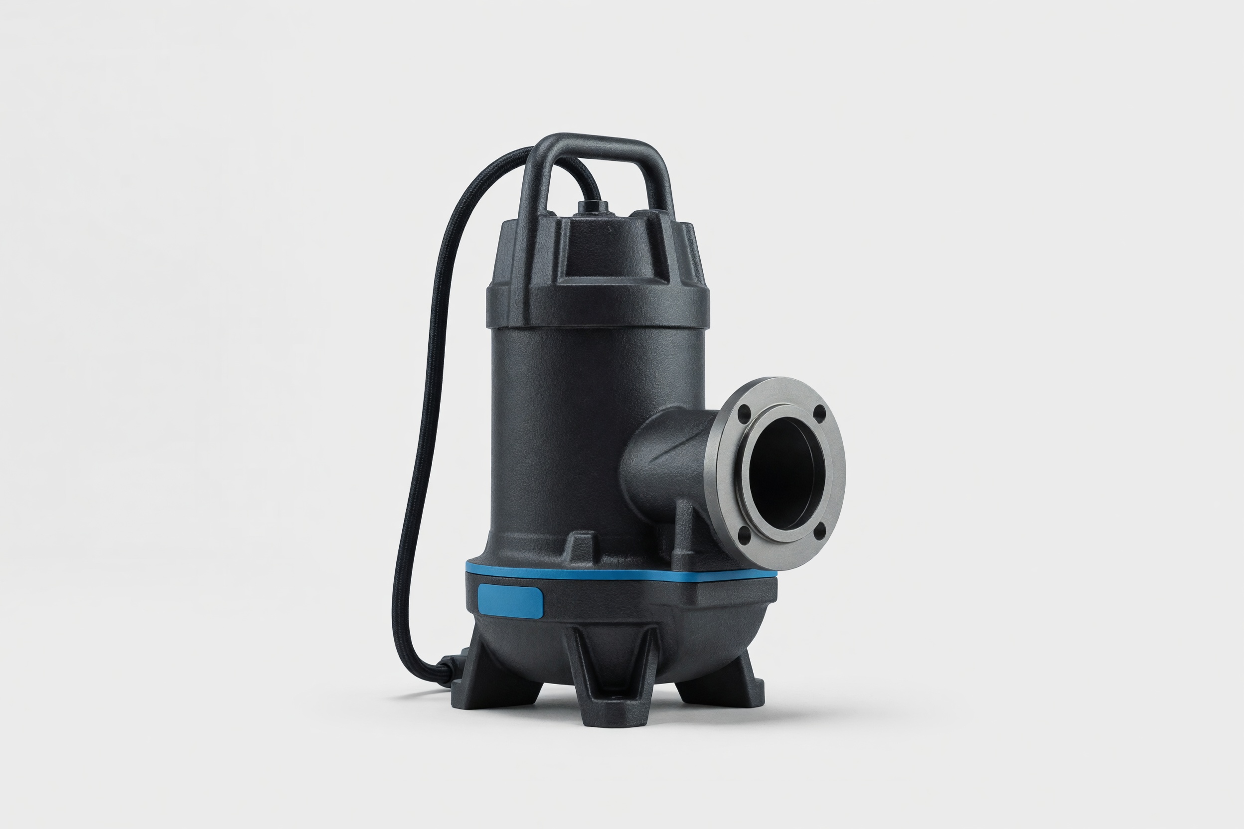 A submersible sewage pump with a large-passage impeller on a clean studio ground