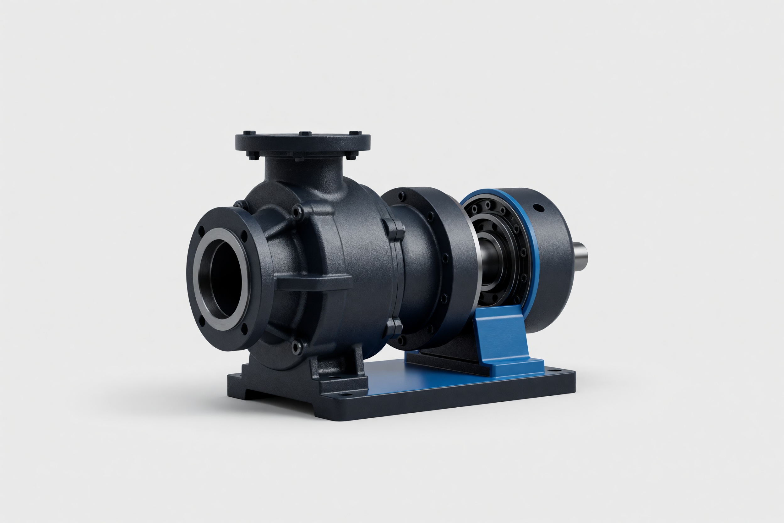 A heavy-duty slurry pump with a thick-walled casing on a clean studio ground