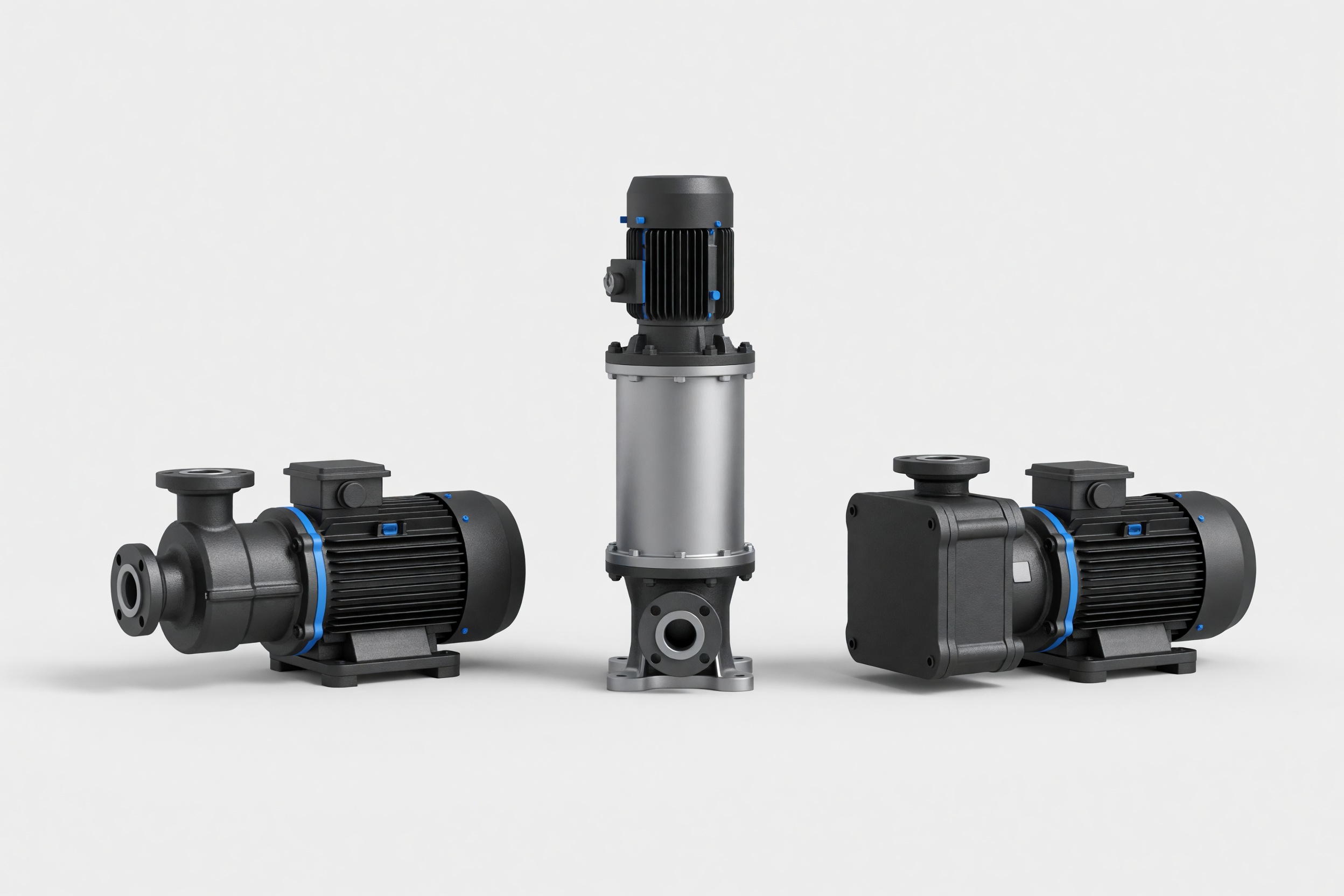 Three industrial pumps side by side on a plain studio ground — an end-suction centrifugal close-coupled to its motor, a vertical multistage, and a positive-displacement pump with a closed cast head