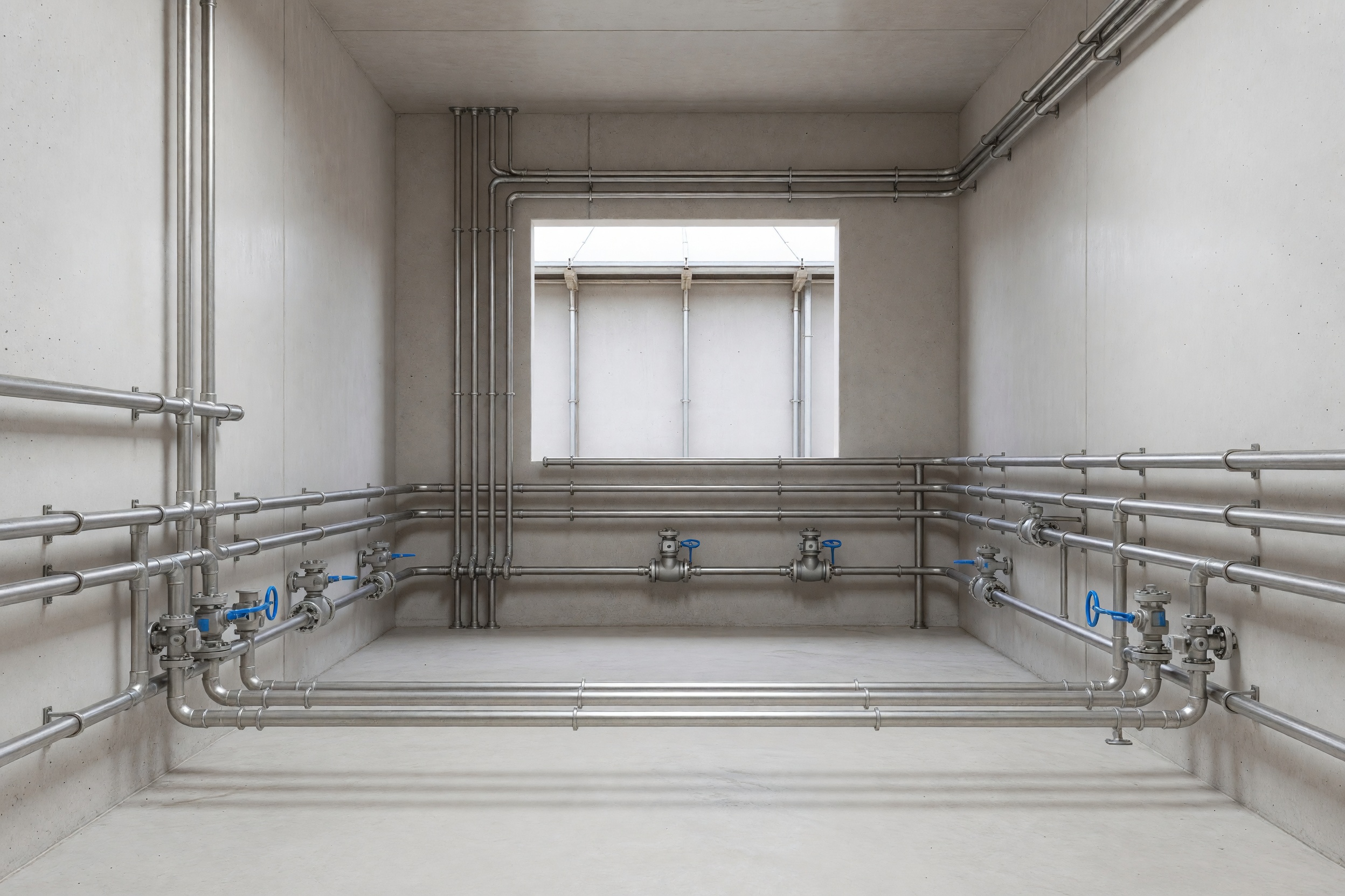 A farm slurry-handling plant room with stainless and galvanised pipework, valves and a covered store beyond.