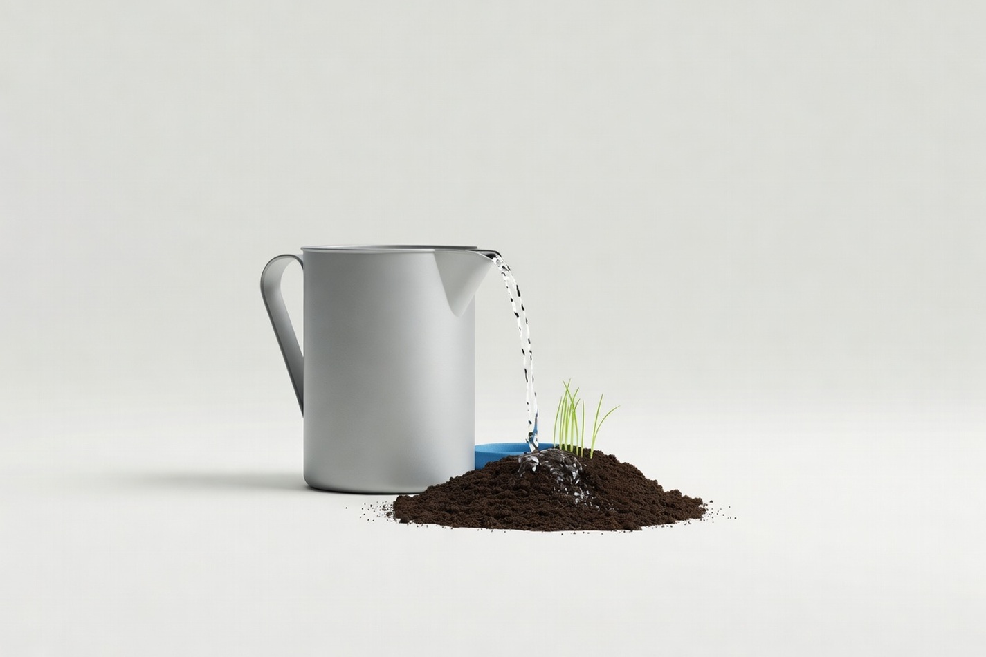 Clear water pouring from a plain metal jug onto dark tilled soil with young cereal shoots.