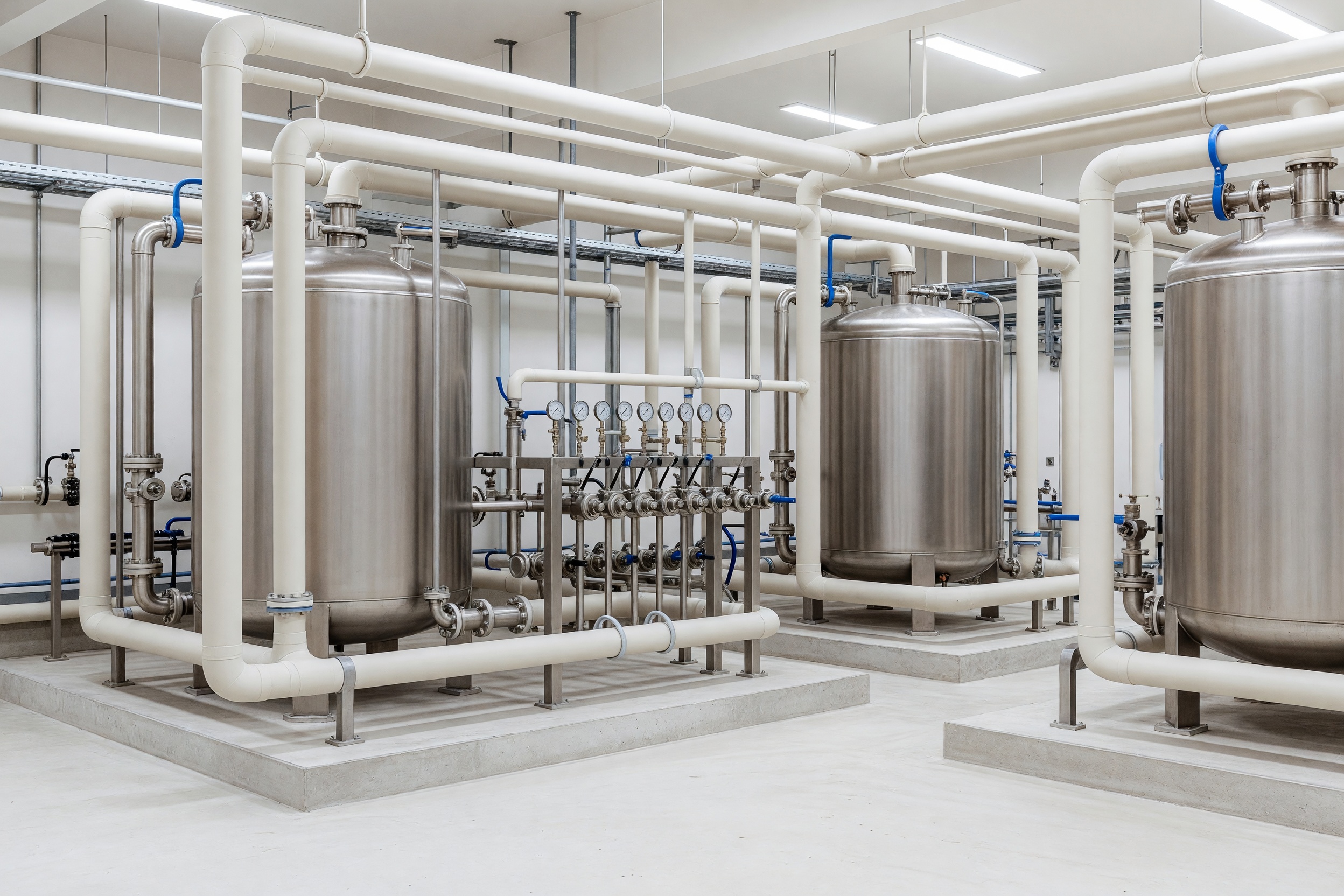 Chemical process plant interior with stainless steel tanks, a valve manifold and insulated pipework