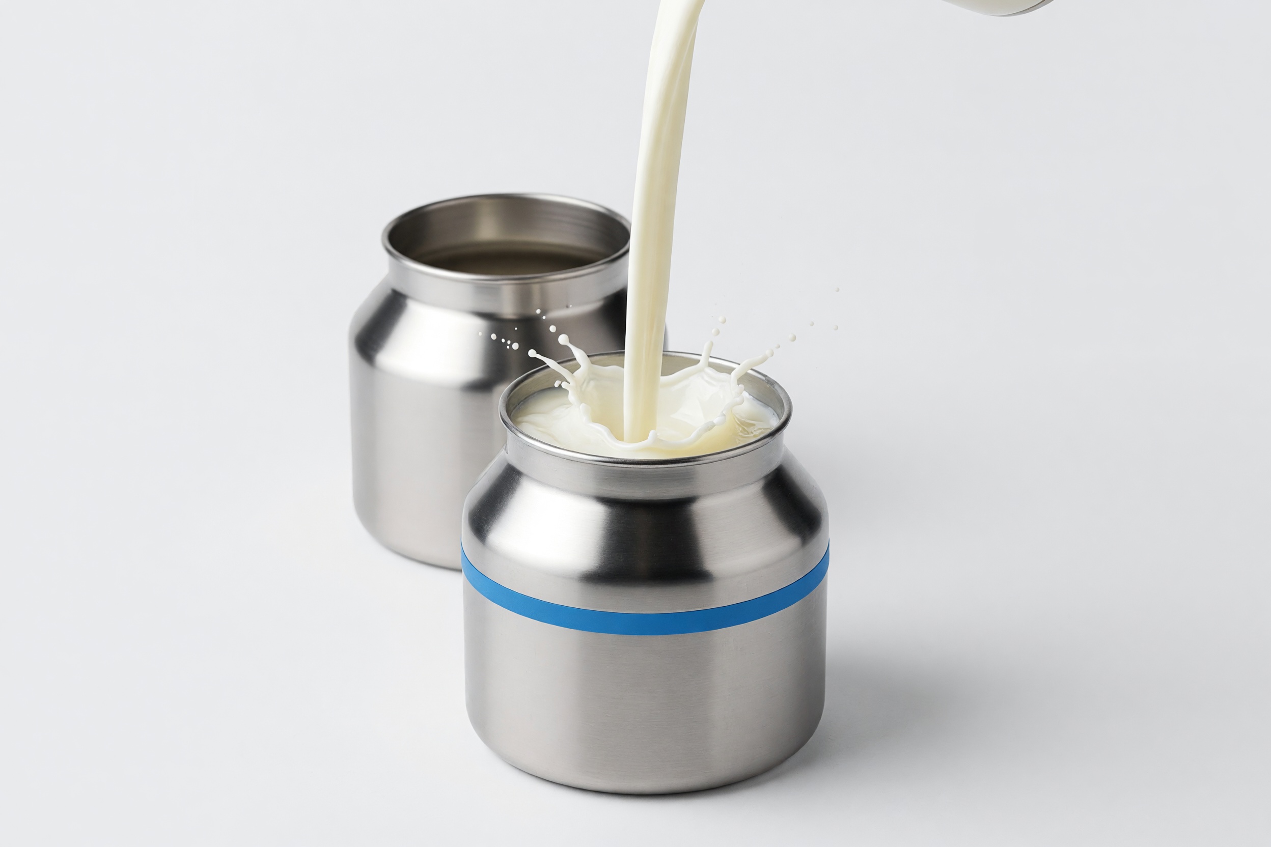 Fresh milk pouring into a stainless dairy churn with a splash, a second churn behind, on a clean studio ground