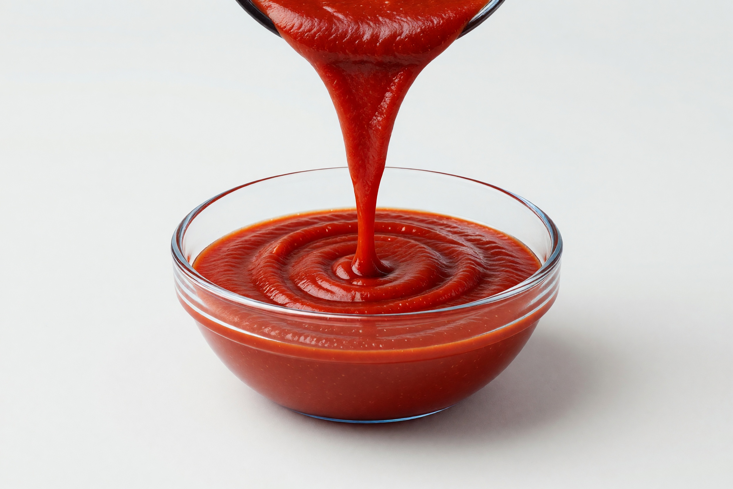 A glossy pour of rich red tomato sauce into a clear glass bowl with a swirl, on a clean studio ground