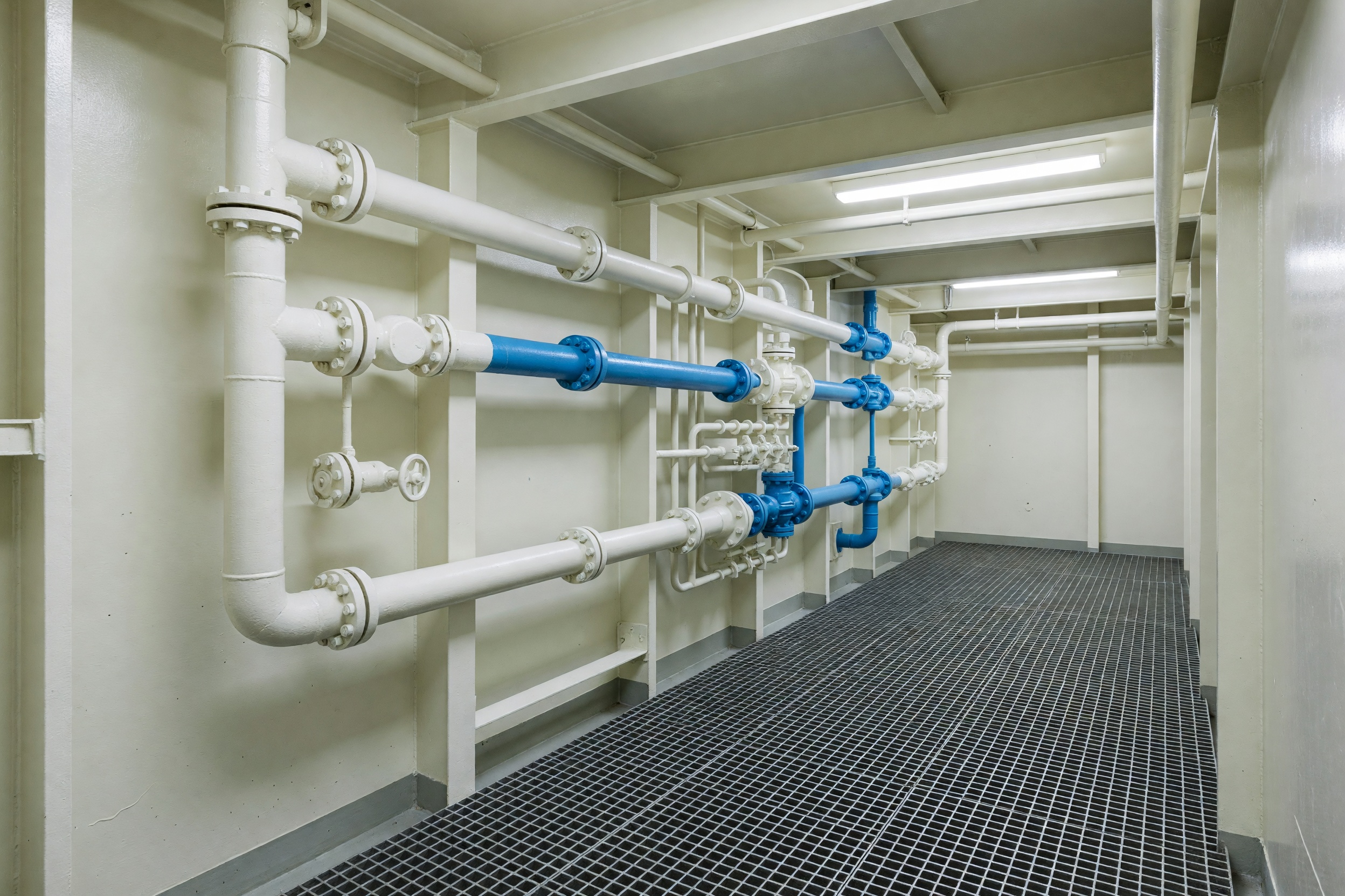 Machinery space of a commercial vessel with painted pipework, valves and a manifold, unpeopled