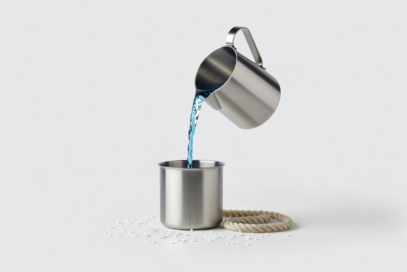 Seawater pouring into a stainless steel vessel beside coarse sea salt on a pale studio ground